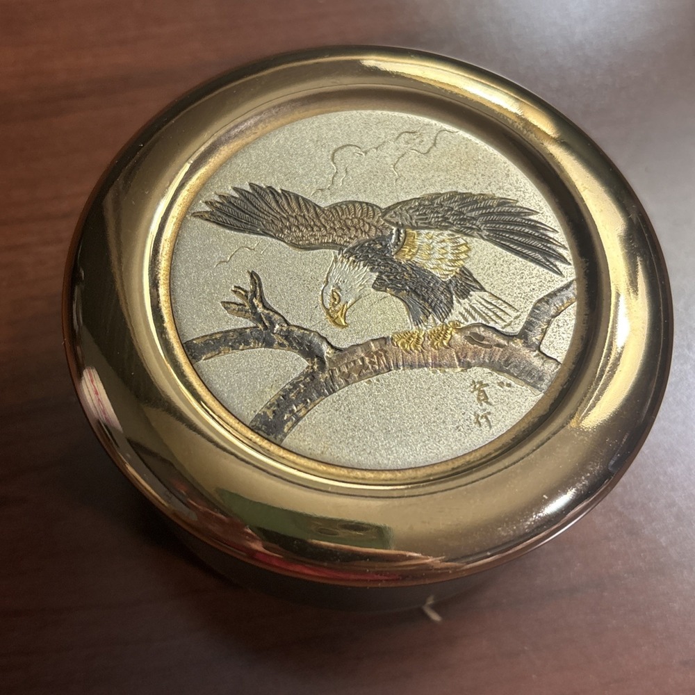 Vtg Art Of Chokin Porcelain Lidded Trinket Box With 24k Gold Trim Japan Eagle